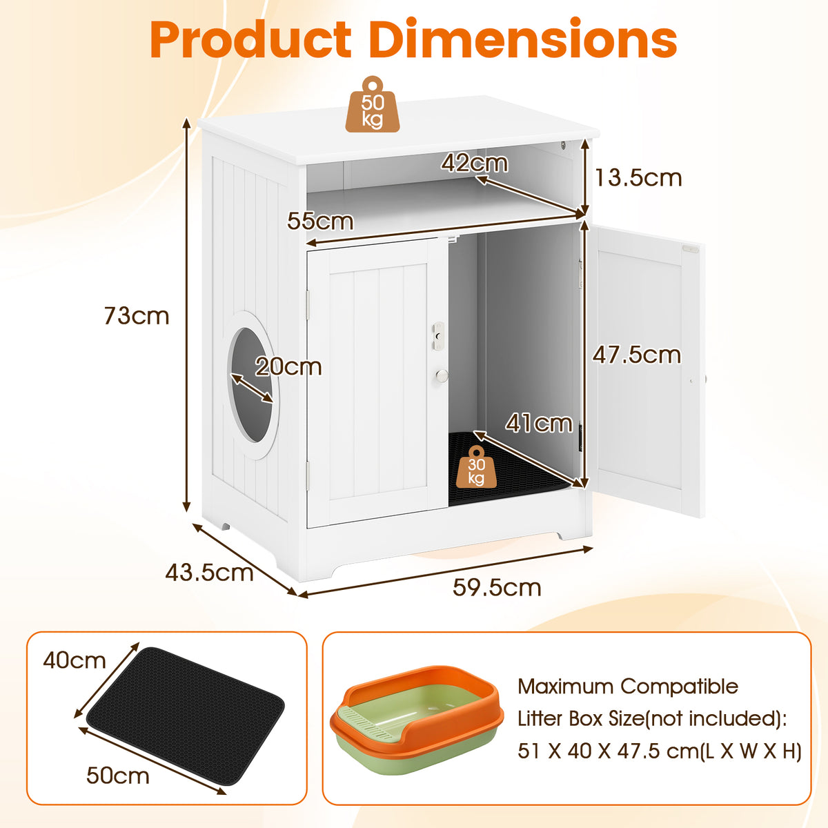 Wooden Cat Litter Box Enclosure Hidden Cat Washroom Furniture with Easy Cleaning Litter Mat-White