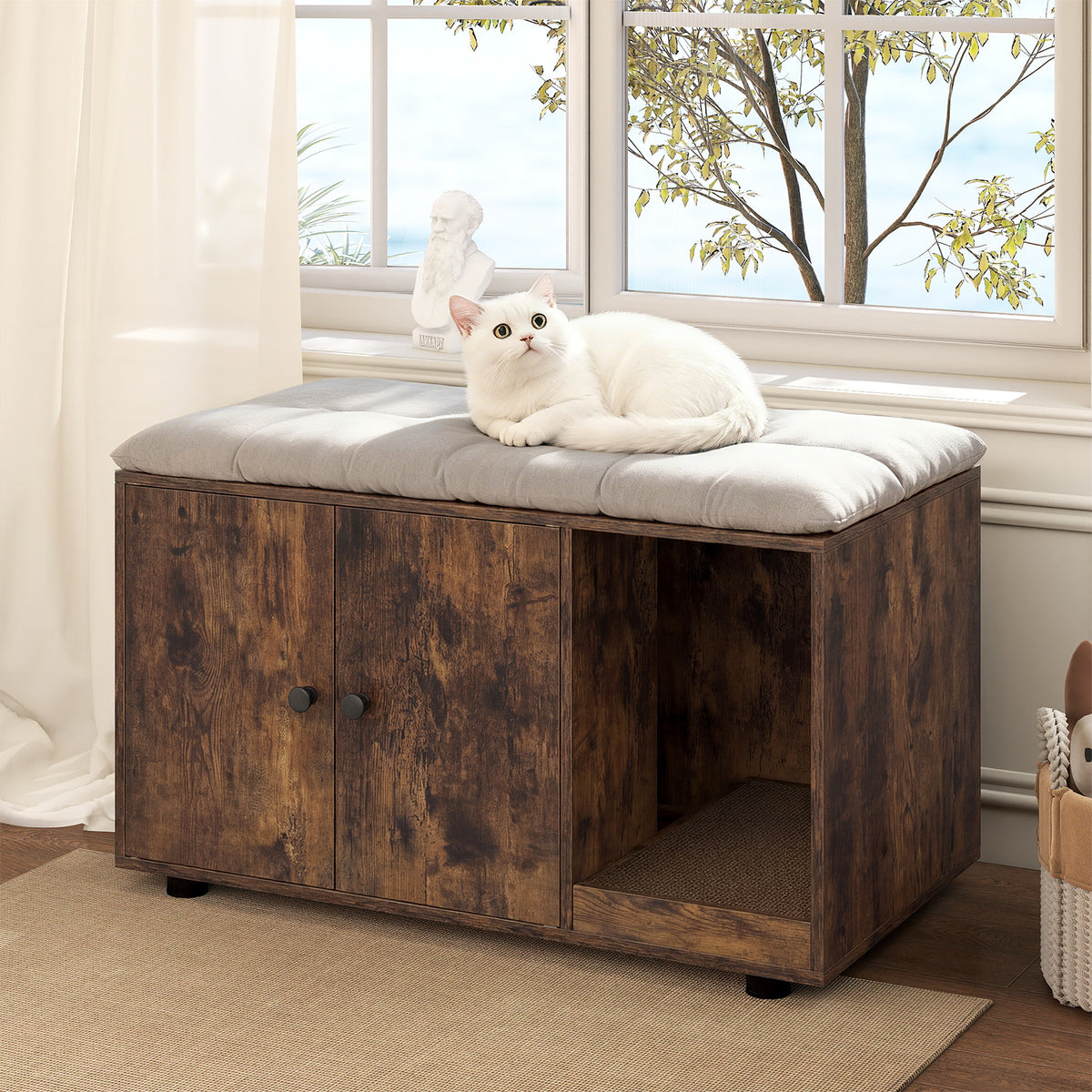 Wooden Cat Litter Box Enclosure Hidden Litter Box Furniture with Scratching Board-Brown