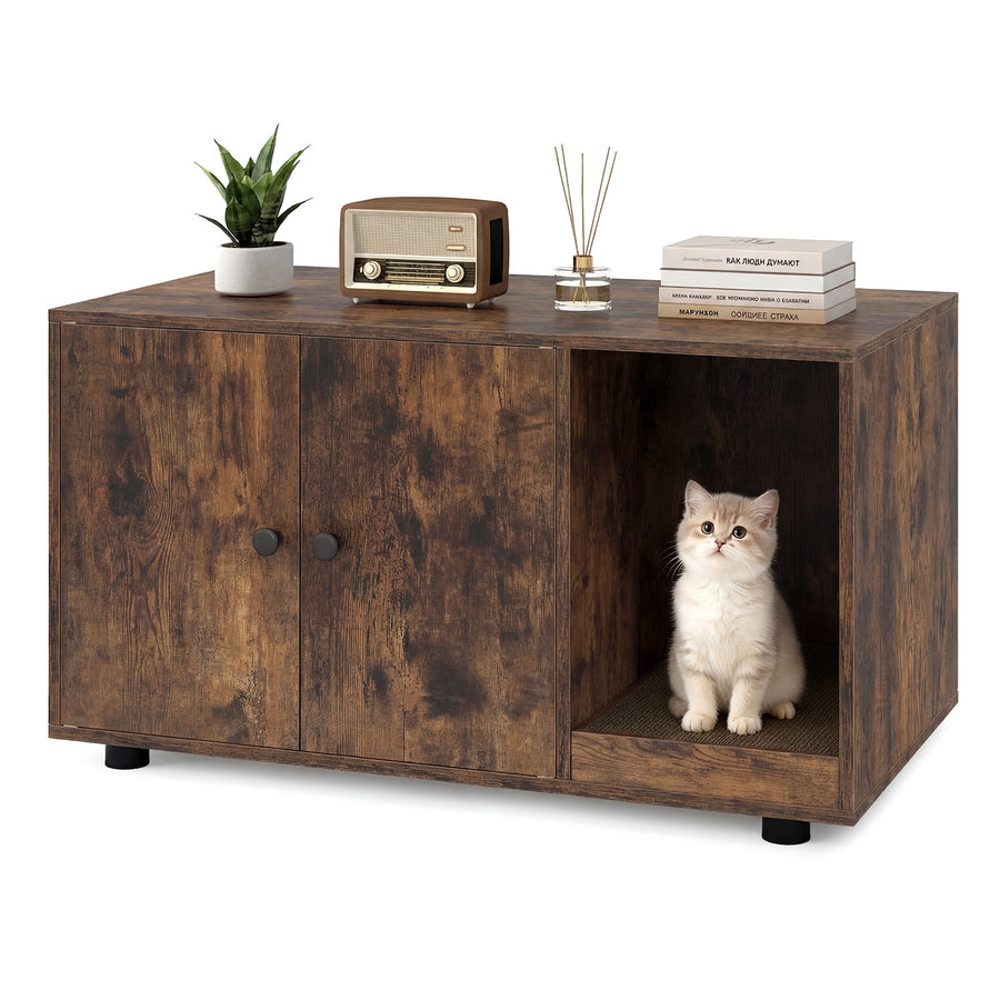 Wooden Cat Litter Box Enclosure Hidden Litter Box Furniture with Scratching Board-Brown