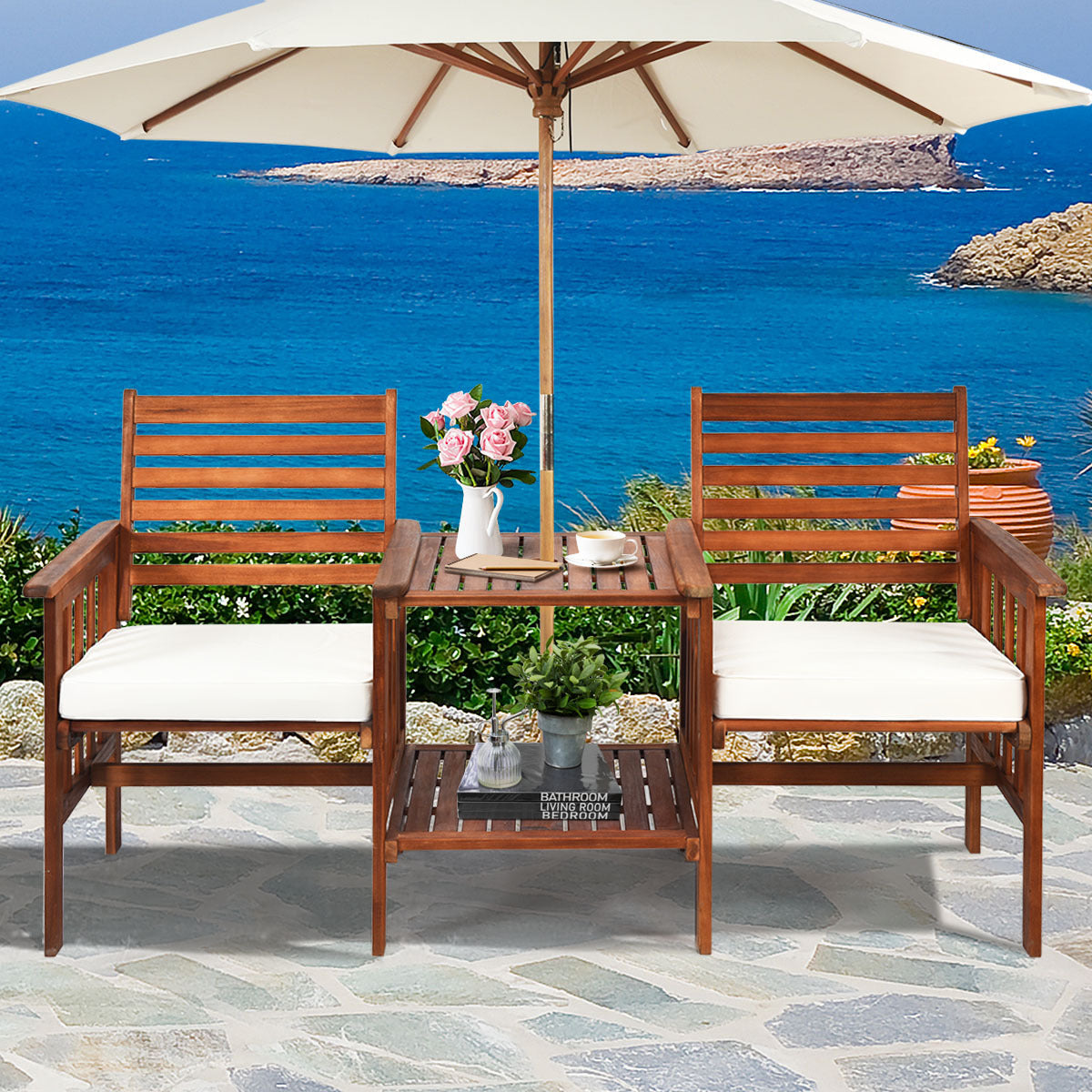 Wooden Companion Seat with Upper and Lower Table and Umbrella Hole-White