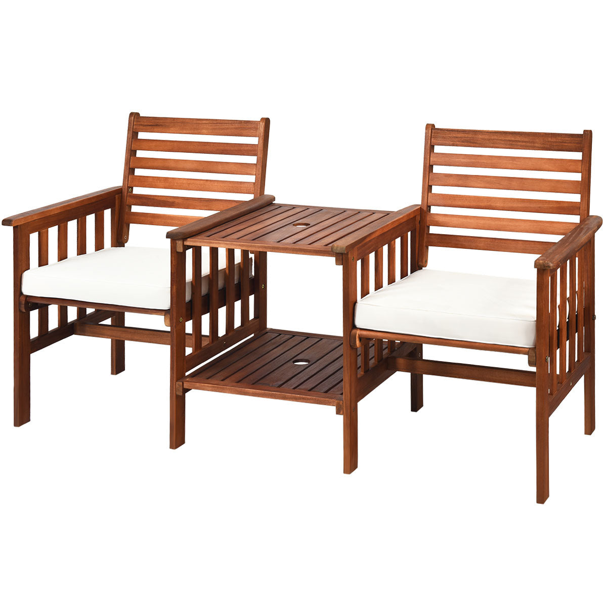 Wooden Companion Seat with Upper and Lower Table and Umbrella Hole-White
