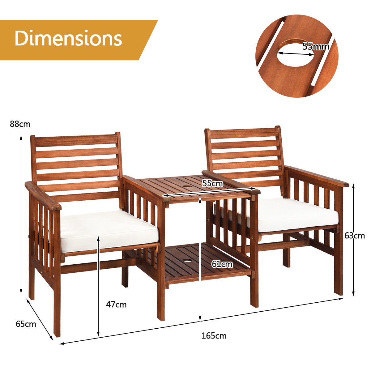 Wooden Companion Seat with Upper and Lower Table and Umbrella Hole-White