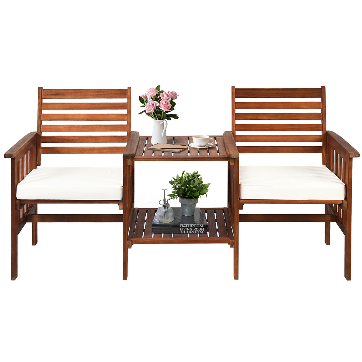 Wooden Companion Seat with Upper and Lower Table and Umbrella Hole-White