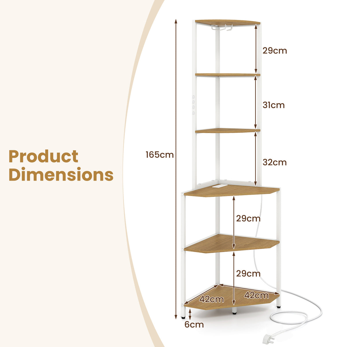 Wooden Corner Shelf with Storage Shelves for Living Room-Natural