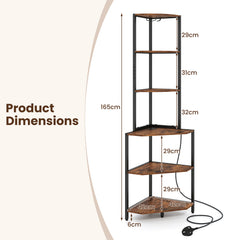 Wooden Corner Shelf with Storage Shelves for Living Room-Rustic Brown