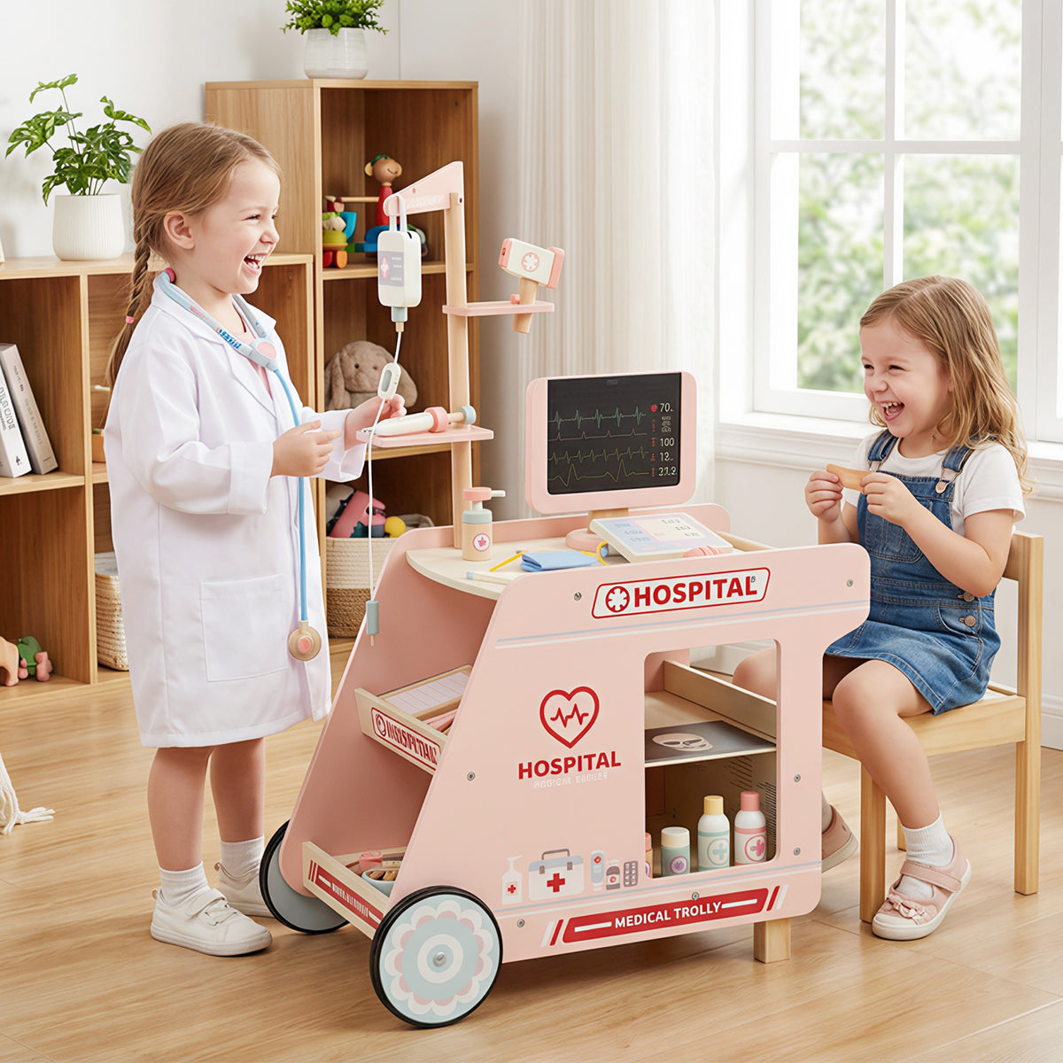 Wooden Doctor Playset Pretend Play Doctor Kit with Cart-Pink