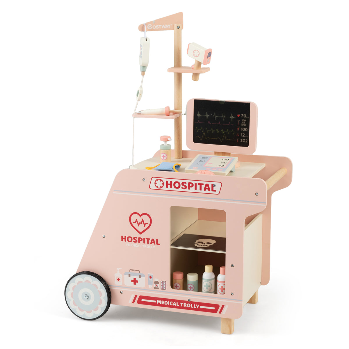 Wooden Doctor Playset Pretend Play Doctor Kit with Cart-Pink