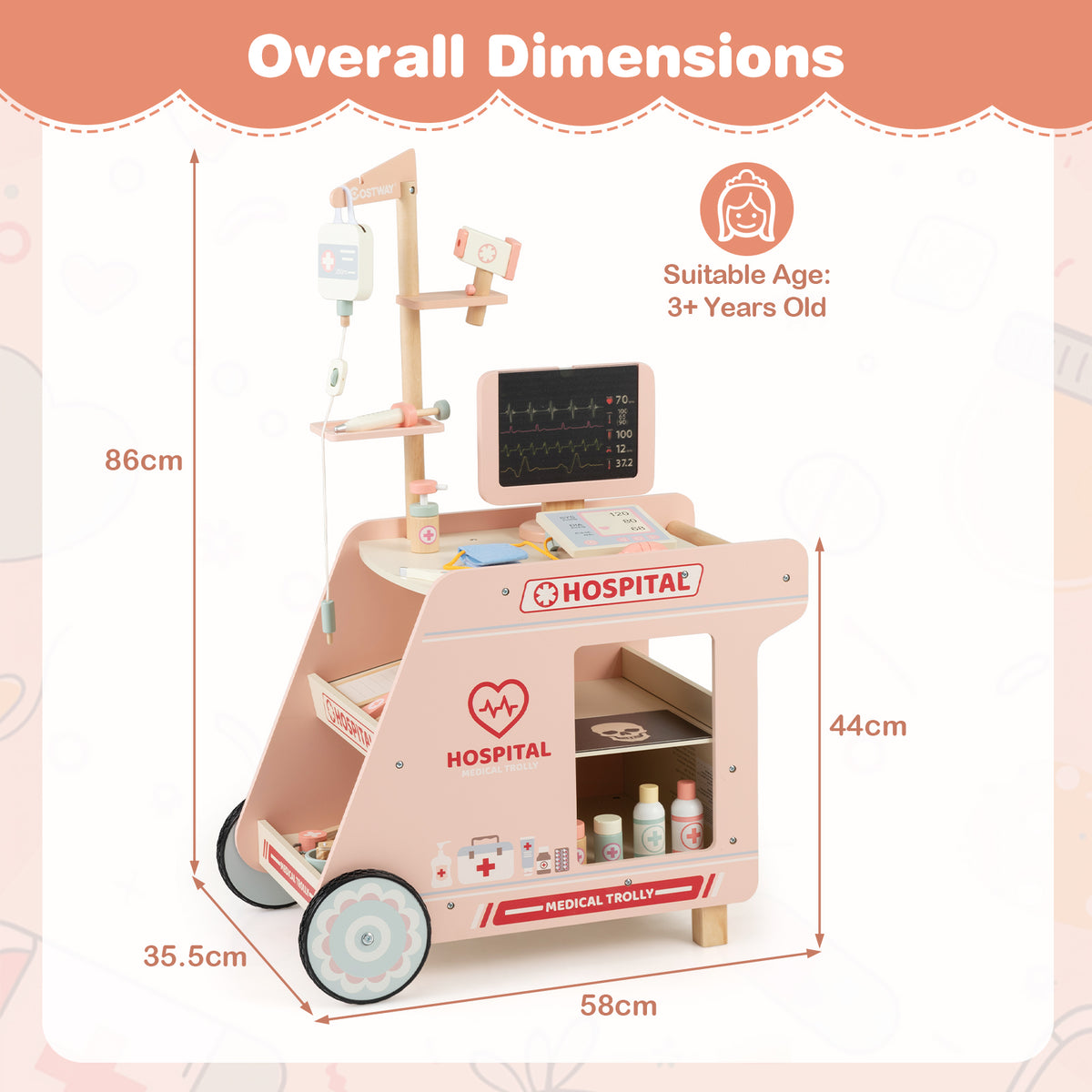 Wooden Doctor Playset Pretend Play Doctor Kit with Cart-Pink