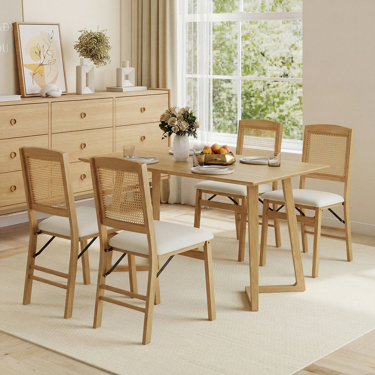 Wooden Folding Chairs Set of 2 with Linen Padded Seat-Natural
