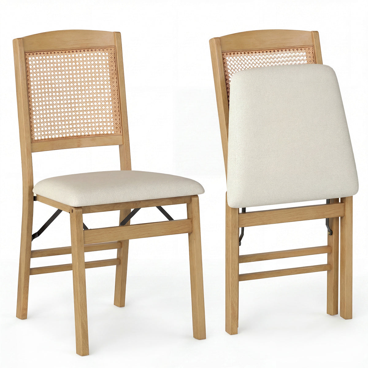 Wooden Folding Chairs Set of 2 with Linen Padded Seat-Natural