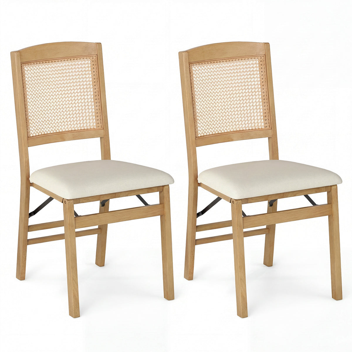 Wooden Folding Chairs Set of 2 with Linen Padded Seat-Natural