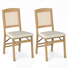 Wooden Folding Chairs Set of 2 with Linen Padded Seat-Natural