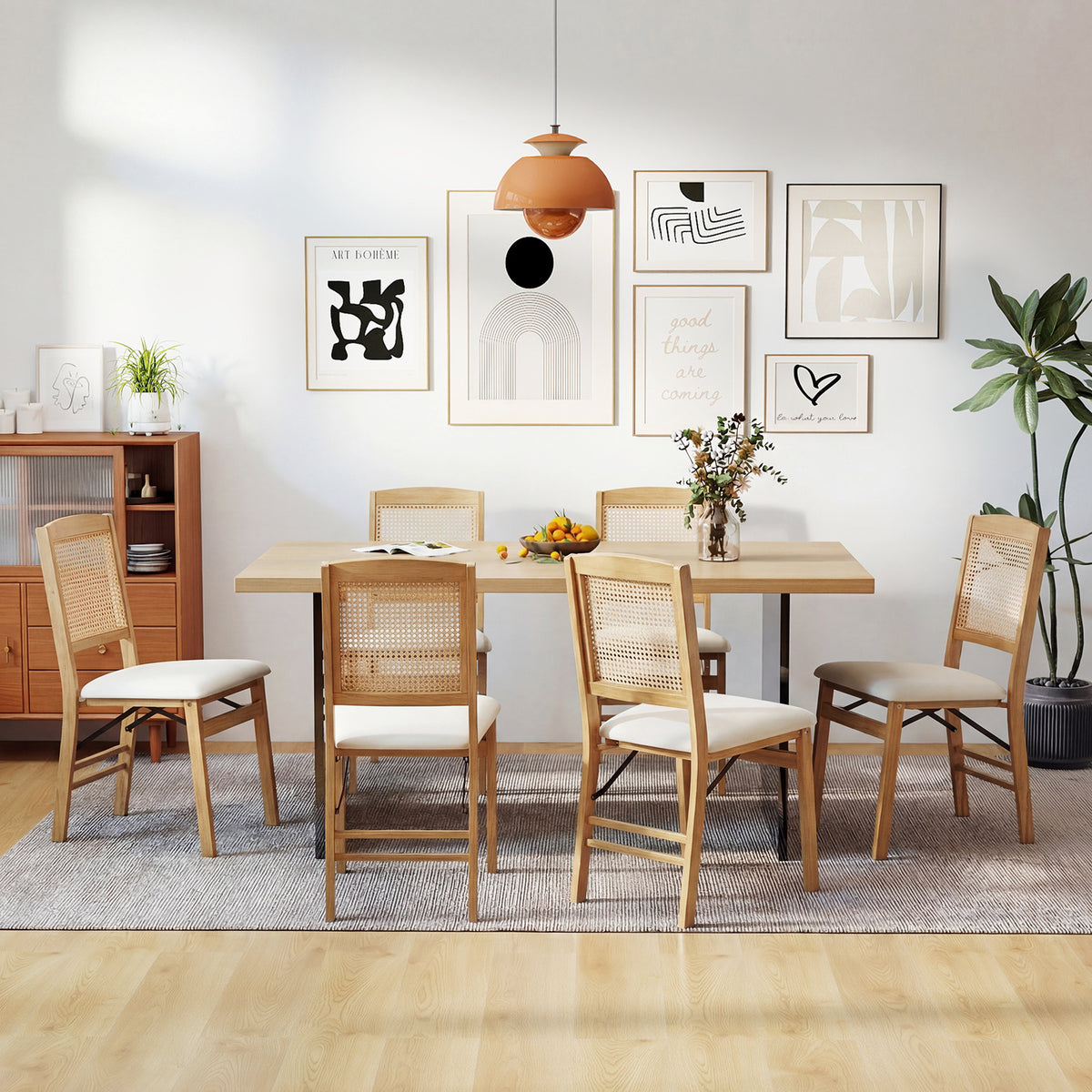 Wooden Folding Chairs Set of 2 with Linen Padded Seat-Natural