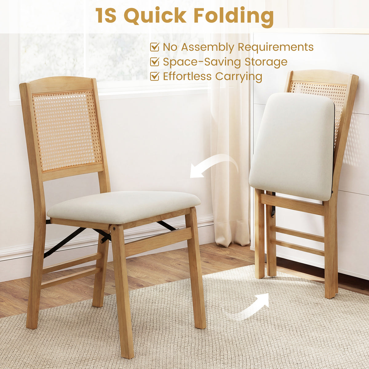 Wooden Folding Chairs Set of 2 with Linen Padded Seat-Natural