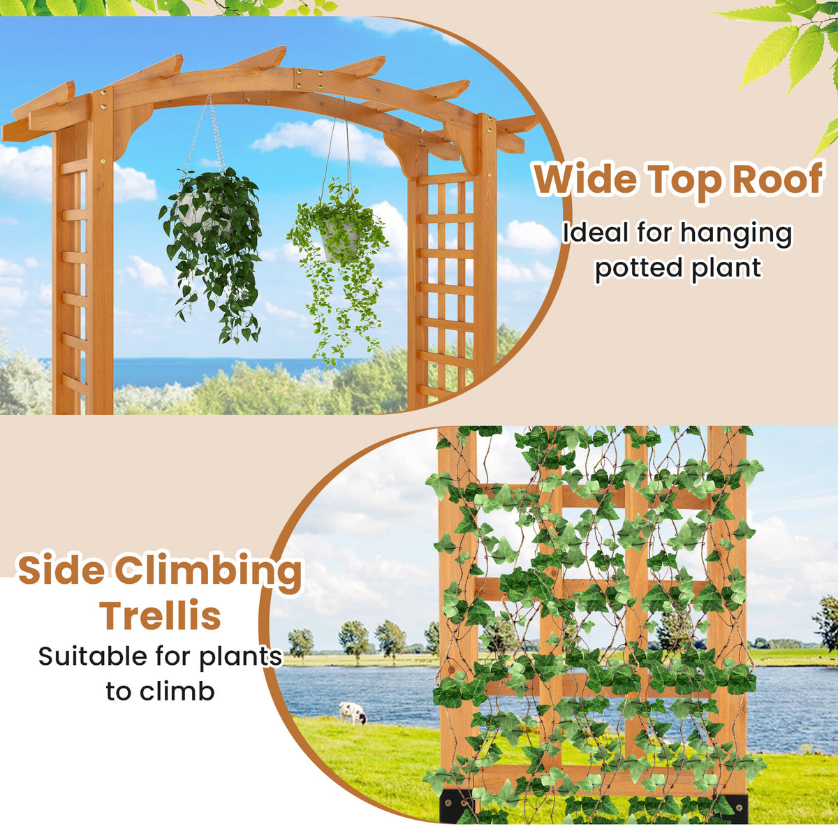Wooden Garden Arch with Wide Top and Side Trellis for Climbing Plants-Orange