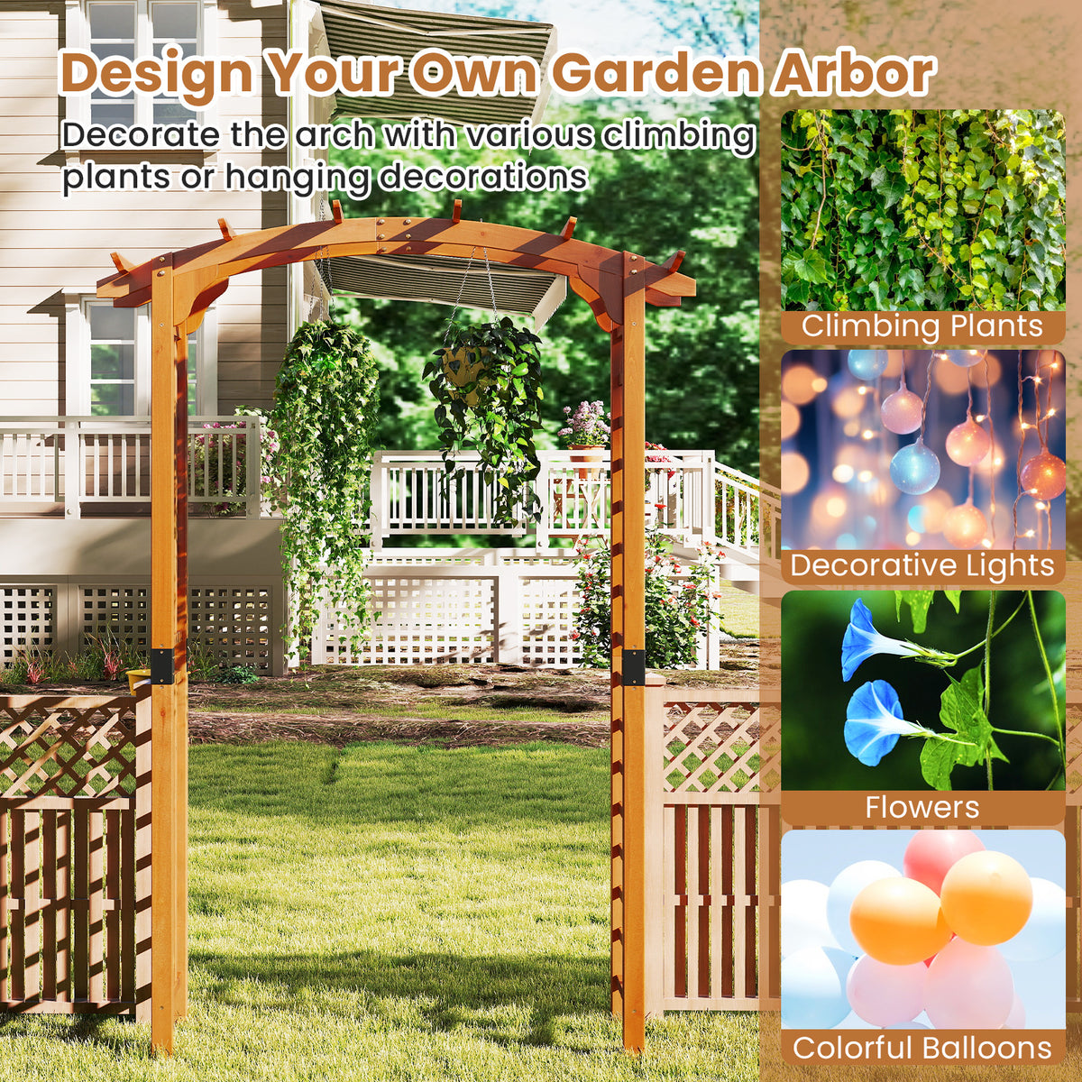 Wooden Garden Arch with Wide Top and Side Trellis for Climbing Plants-Orange