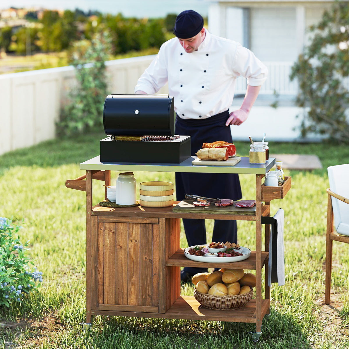 Wooden Grill Cart with Storage Outdoor Kitchen Island with Stainless Steel Top-Natural