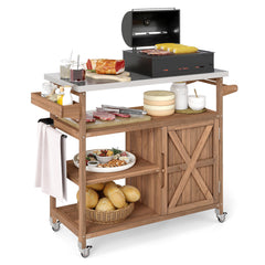Wooden Grill Cart with Storage Outdoor Kitchen Island with Stainless Steel Top-Natural