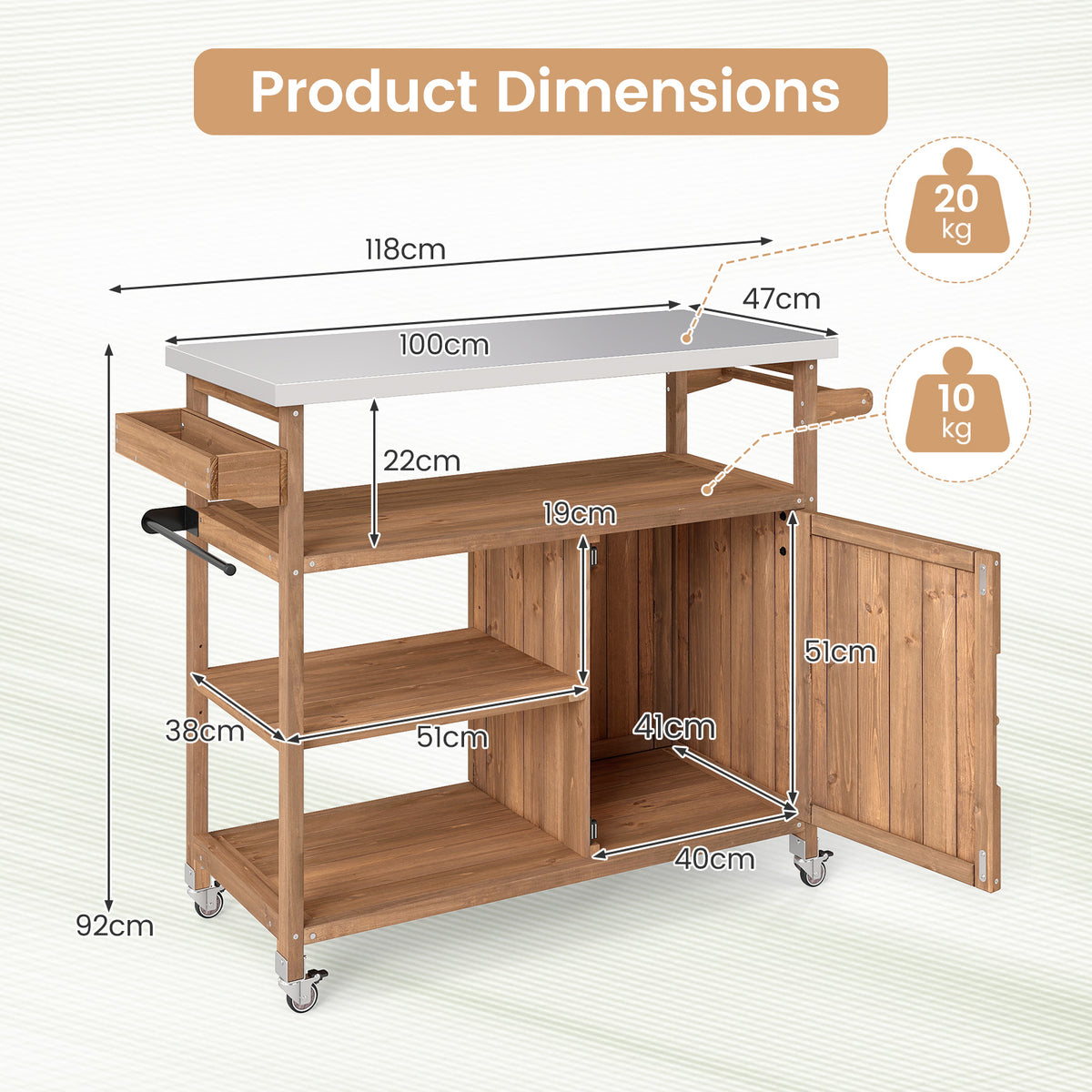 Wooden Grill Cart with Storage Outdoor Kitchen Island with Stainless Steel Top-Natural