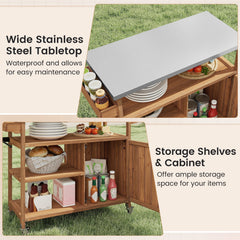Wooden Grill Cart with Storage Outdoor Kitchen Island with Stainless Steel Top-Natural