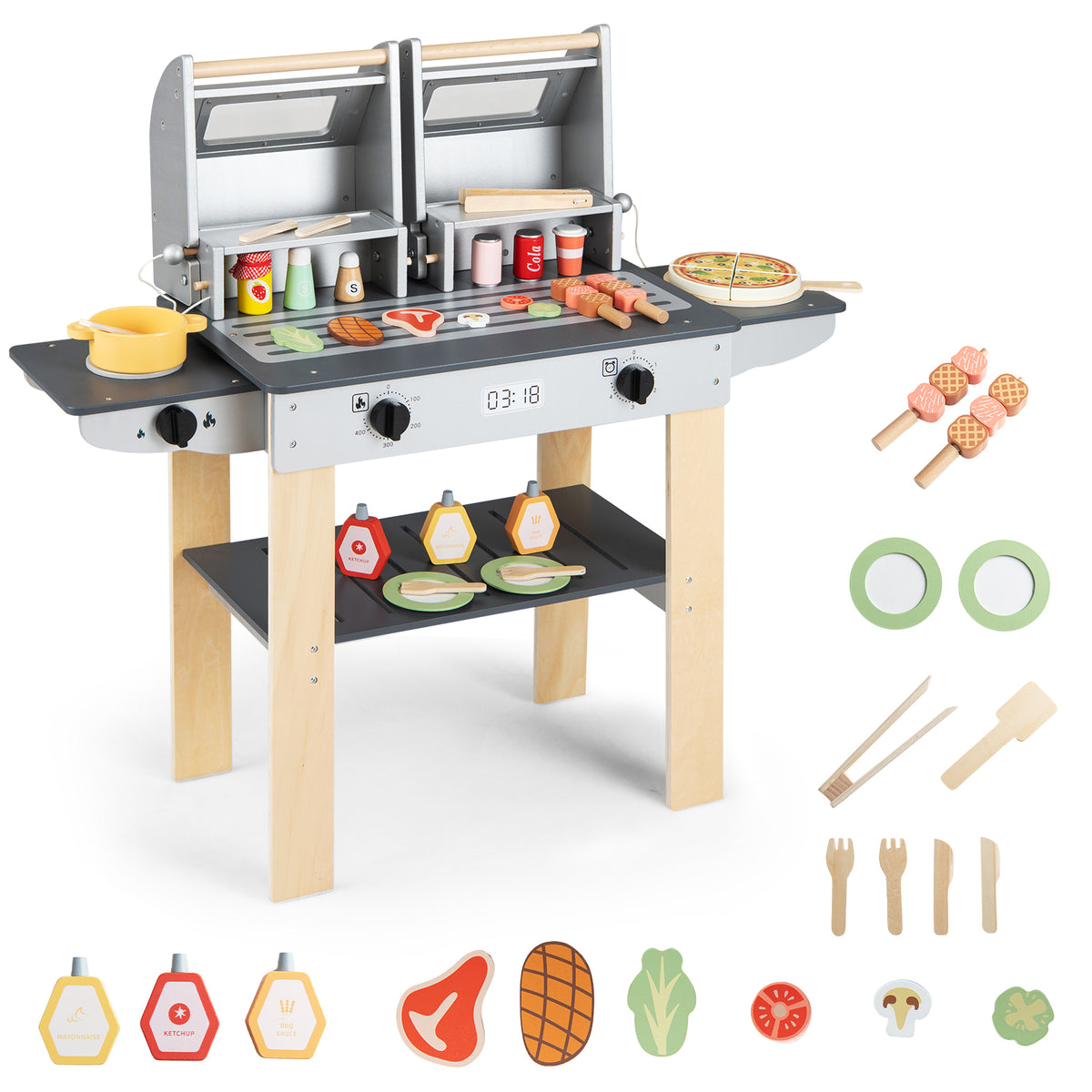 Wooden Kids Barbecue Grill Playset with Abundant Grilling Tools for 3+
