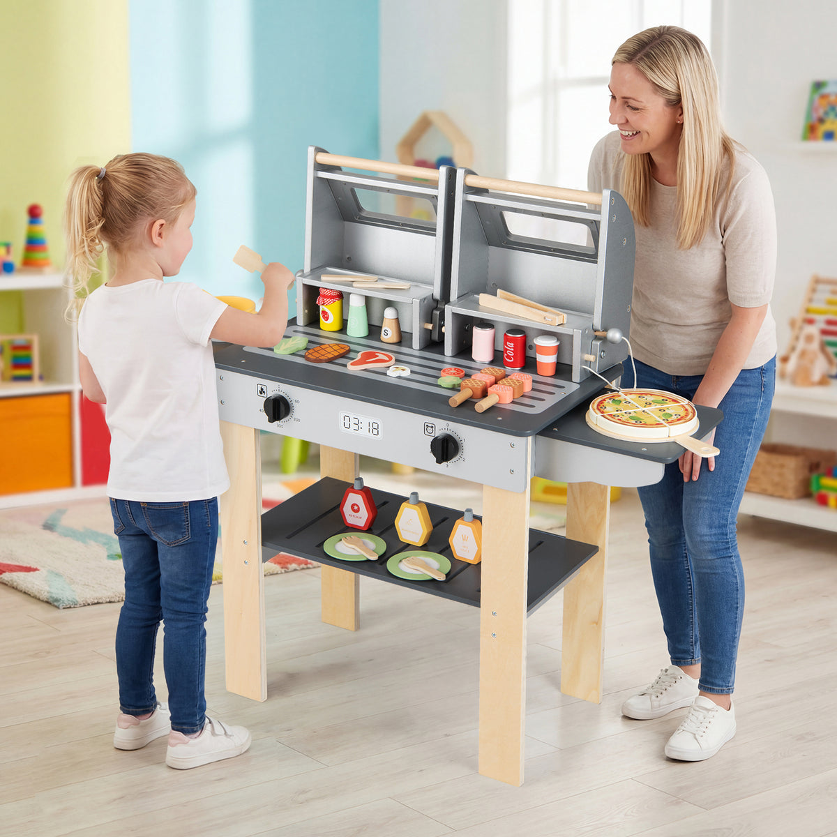 Wooden Kids Barbecue Grill Playset with Abundant Grilling Tools for 3+