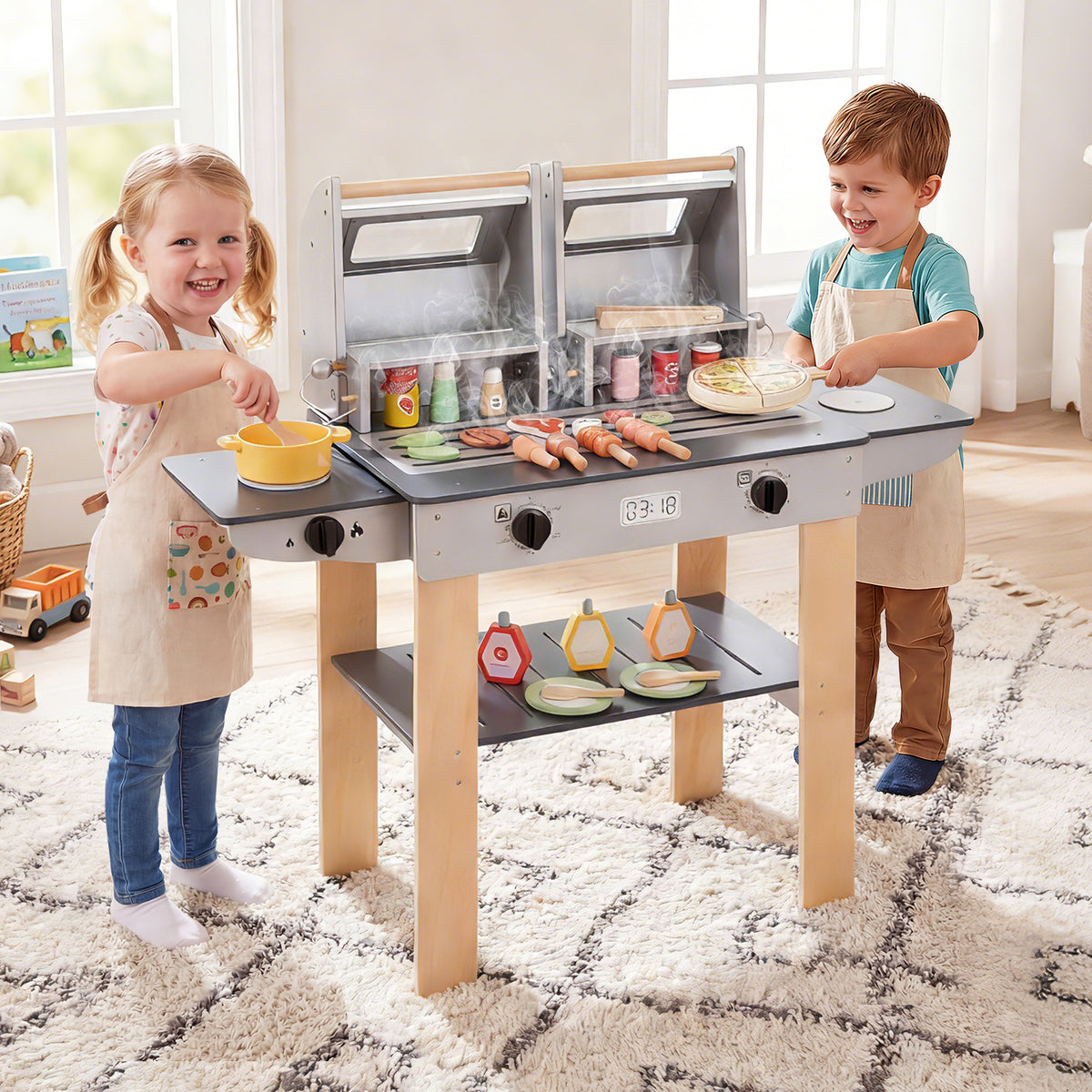 Wooden Kids Barbecue Grill Playset with Abundant Grilling Tools for 3+