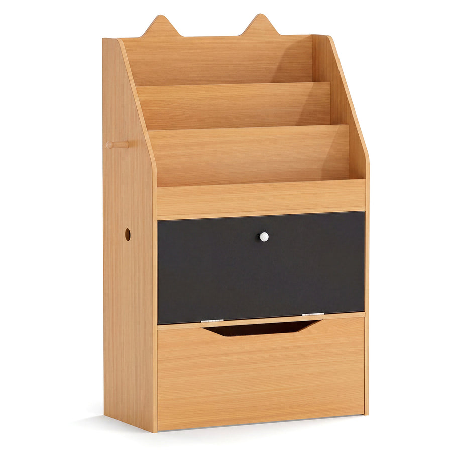 Wooden Kids Bookshelf with Movable Drawer & Chalkboard for Playroom Nursery-Natural