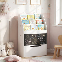 Wooden Kids Bookshelf with Movable Drawer & Chalkboard for Playroom Nursery-White