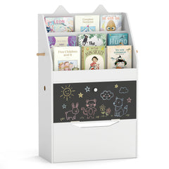 Wooden Kids Bookshelf with Movable Drawer & Chalkboard for Playroom Nursery-White