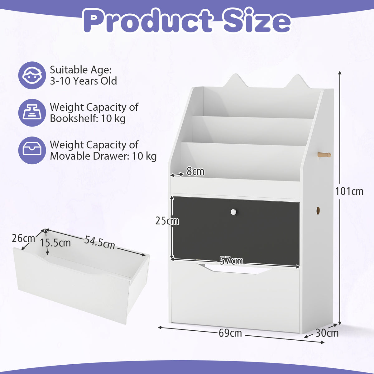 Wooden Kids Bookshelf with Movable Drawer & Chalkboard for Playroom Nursery-White