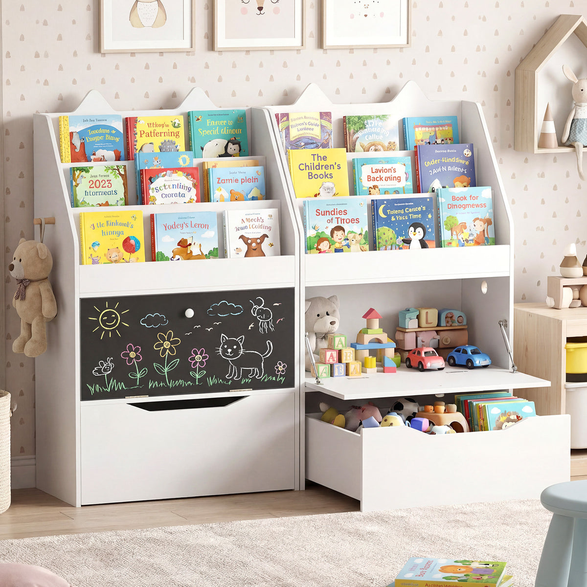 Wooden Kids Bookshelf with Movable Drawer & Chalkboard for Playroom Nursery-White