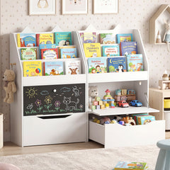 Wooden Kids Bookshelf with Movable Drawer & Chalkboard for Playroom Nursery-White