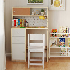 Wooden Kids Study Desk and Chair Set with 2 Cabinets and Drawers-Natural