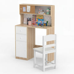 Wooden Kids Study Desk and Chair Set with 2 Cabinets and Drawers-Natural