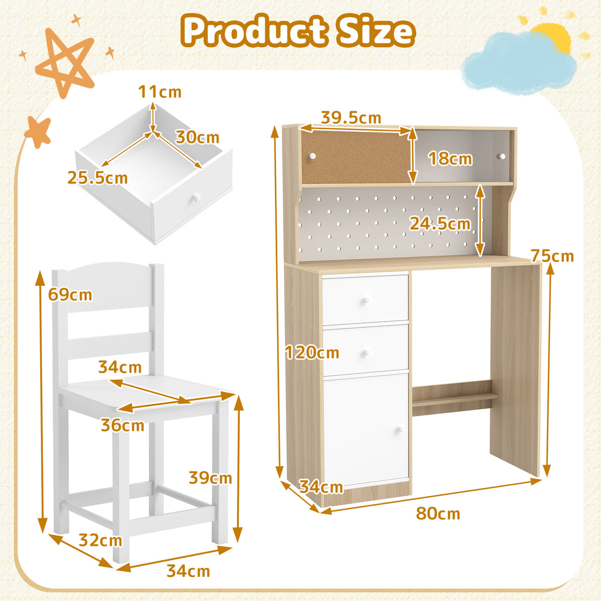 Wooden Kids Study Desk and Chair Set with 2 Cabinets and Drawers-Natural