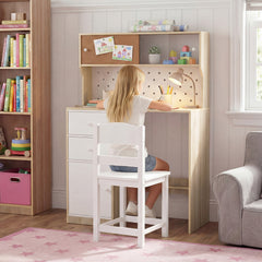Wooden Kids Study Desk and Chair Set with 2 Cabinets and Drawers-Natural