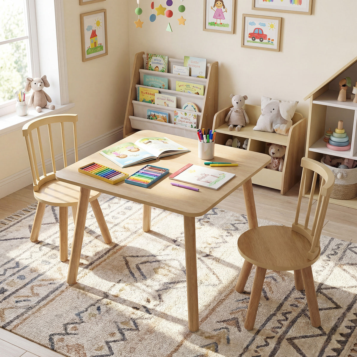 Wooden Kids Table and 2 Chairs Set with Curved Spindle Backrests-Natural