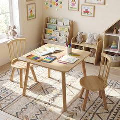Wooden Kids Table and 2 Chairs Set with Curved Spindle Backrests-Natural
