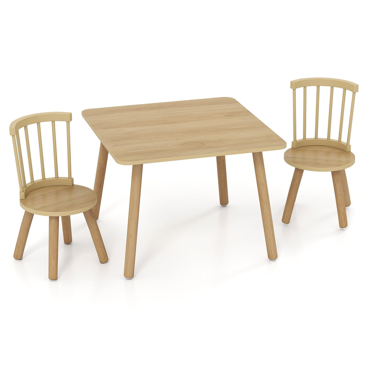 Wooden Kids Table and 2 Chairs Set with Curved Spindle Backrests-Natural