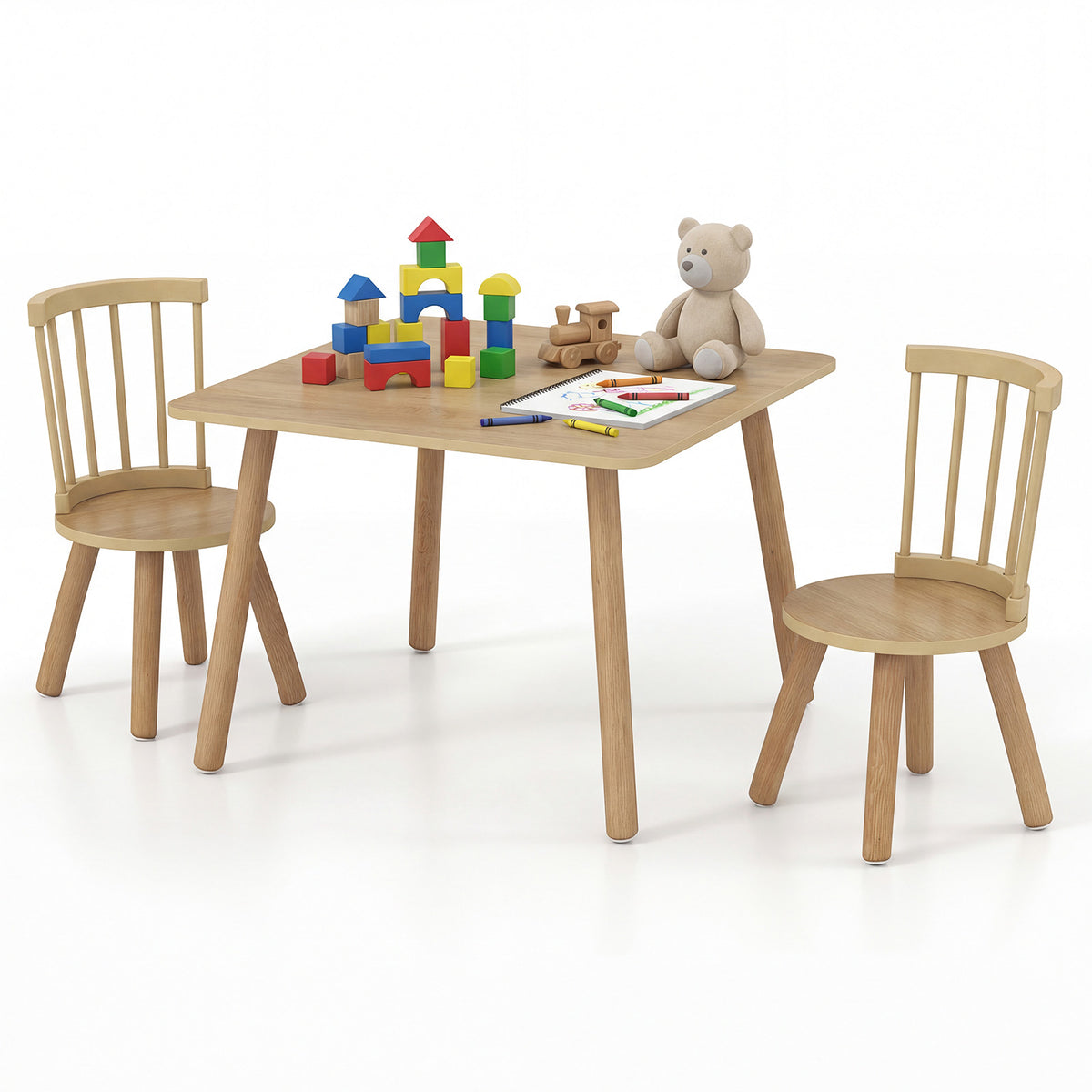 Wooden Kids Table and 2 Chairs Set with Curved Spindle Backrests-Natural