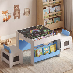 Wooden Kids Table and Chairs Set with Double-sided Tabletop and Small Compartments-Blue