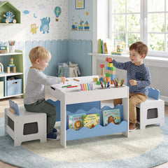 Wooden Kids Table and Chairs Set with Double-sided Tabletop and Small Compartments-Blue