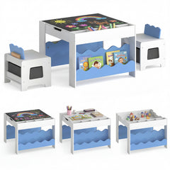 Wooden Kids Table and Chairs Set with Double-sided Tabletop and Small Compartments-Blue