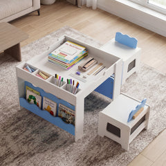 Wooden Kids Table and Chairs Set with Double-sided Tabletop and Small Compartments-Blue