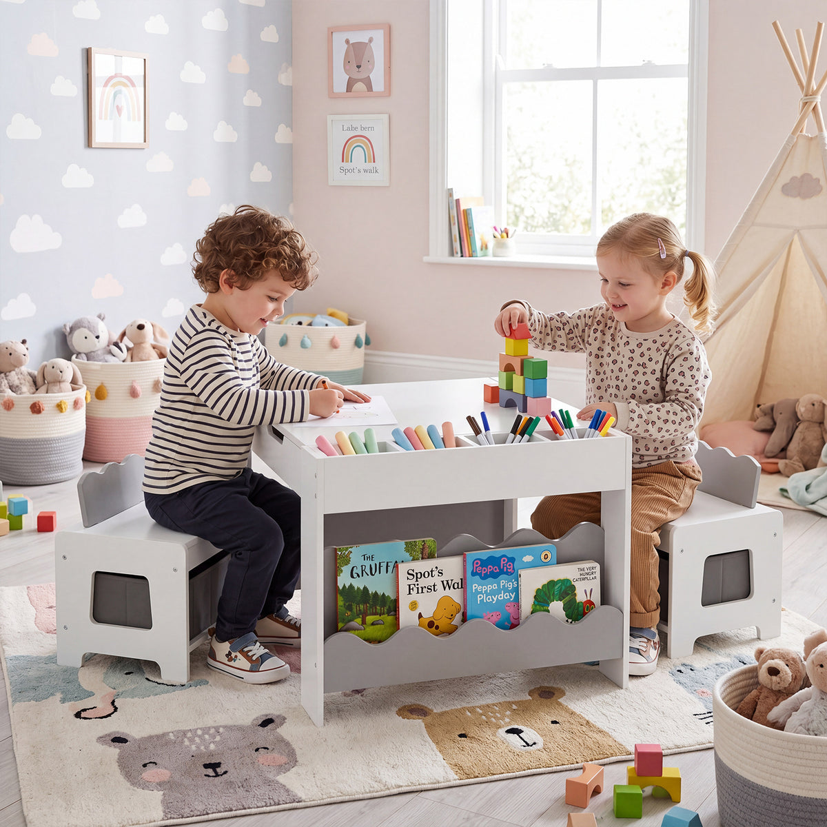 Wooden Kids Table and Chairs Set with Double-sided Tabletop and Small Compartments-Grey