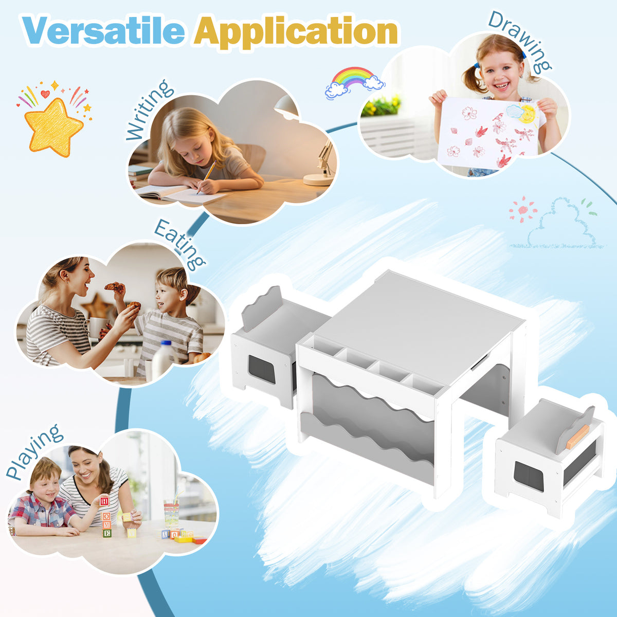 Wooden Kids Table and Chairs Set with Double-sided Tabletop and Small Compartments-Grey
