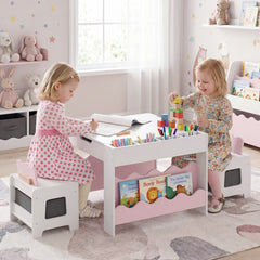 Wooden Kids Table and Chairs Set with Double-sided Tabletop and Small Compartments-Pink