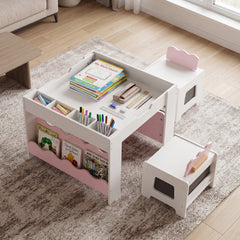 Wooden Kids Table and Chairs Set with Double-sided Tabletop and Small Compartments-Pink