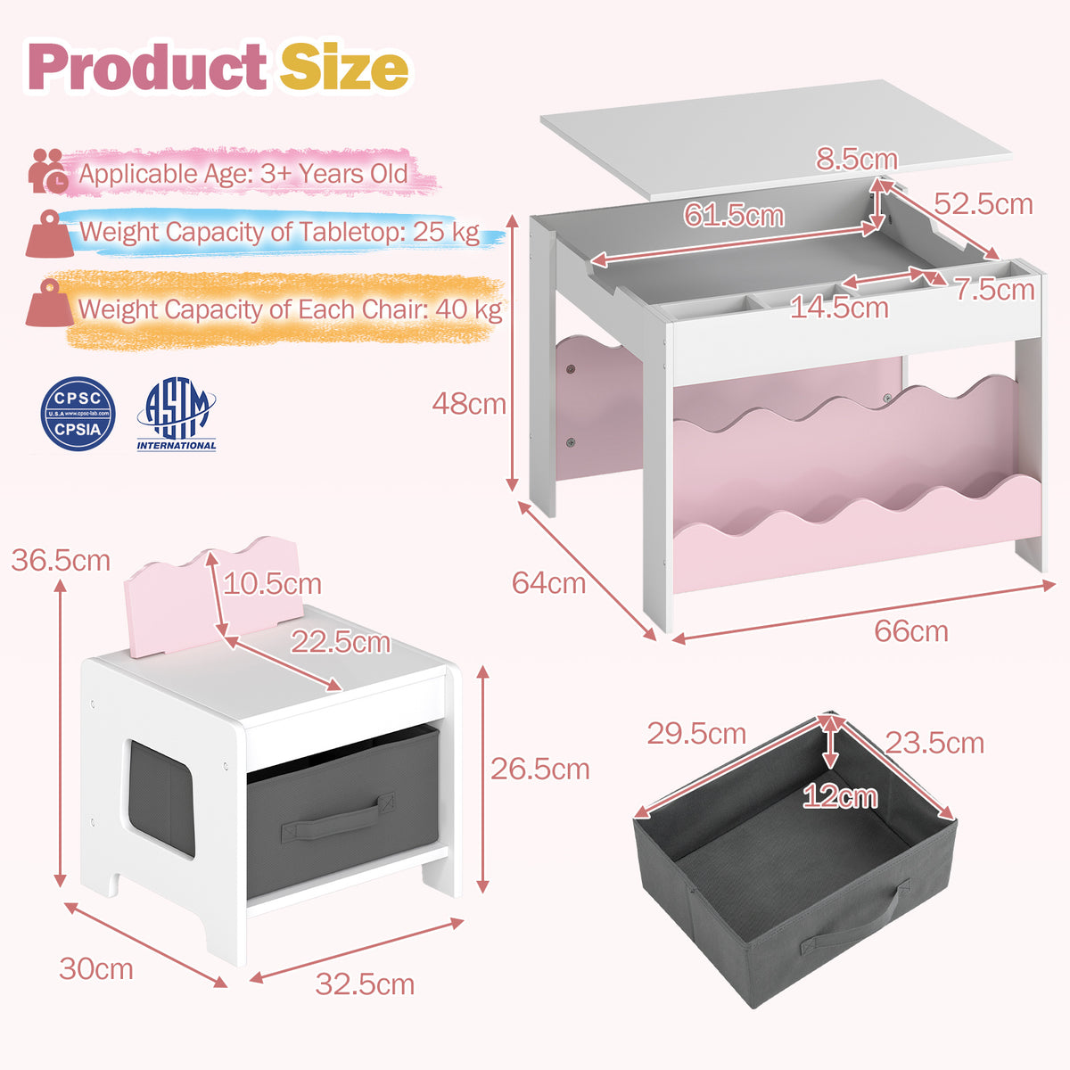Wooden Kids Table and Chairs Set with Double-sided Tabletop and Small Compartments-Pink